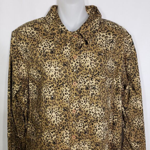 Quacker Factory Women Shirt Large LeopardPrint Stretch Rhinestone Studded Pocket - Picture 3 of 9